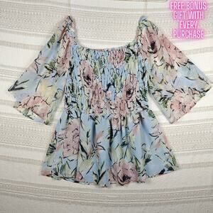 Chenault Off Shoulder Floral Smocked Blouse Blue Pink Size L